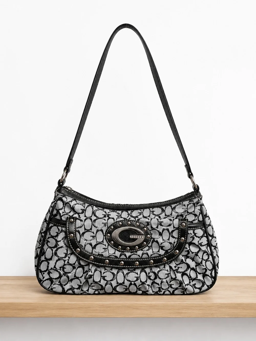 Black and Gray Logo Jacquard Shoulder Bag with Stud Embellishment
